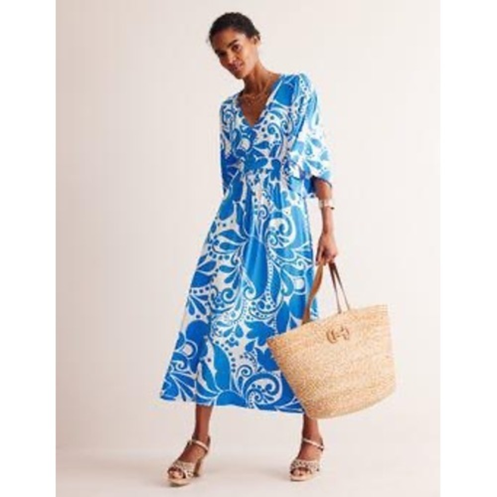 Boden Maya Kimono Sleeve V-Neck Midi Dress Womens 10P Blue White Paisley Floral